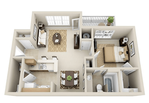 Floor plan for 1 bed, 1 bath, 652 sqft